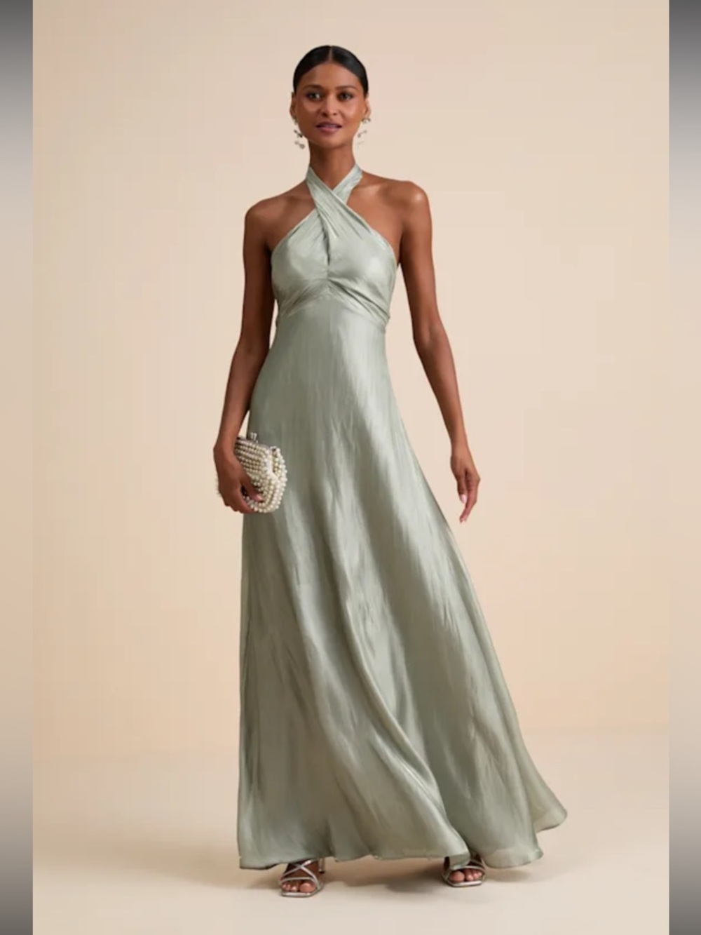 NWT - Lulus Canley Sage Green Satin Cross-Front Halter Maxi Dress